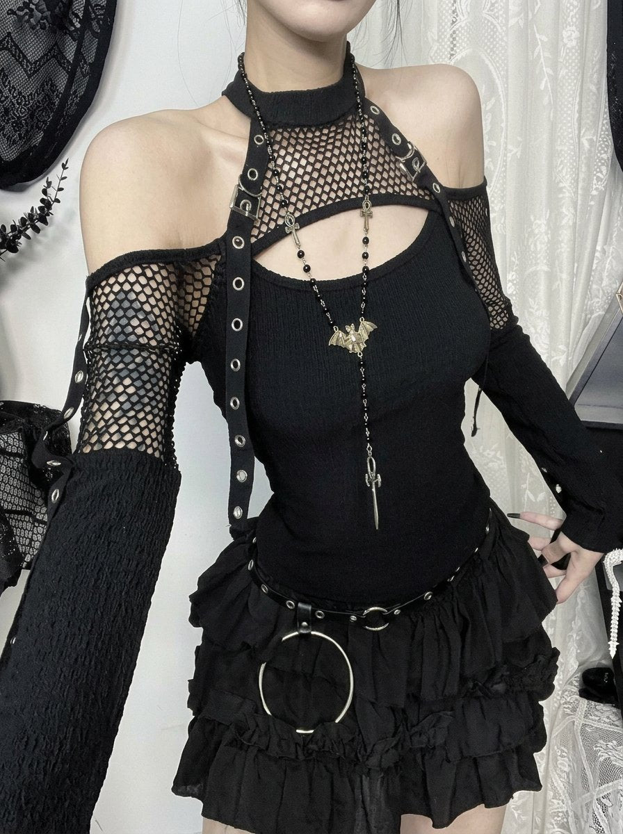 Gothic Mesh Cutout Long Sleeve Top
