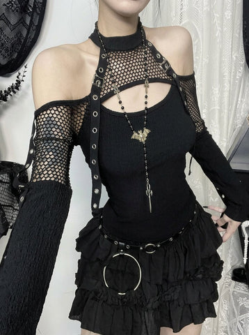 Gothic Mesh Cutout Long Sleeve Top