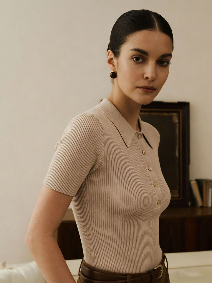 Ribbed Collared Button Front Knit Sweater