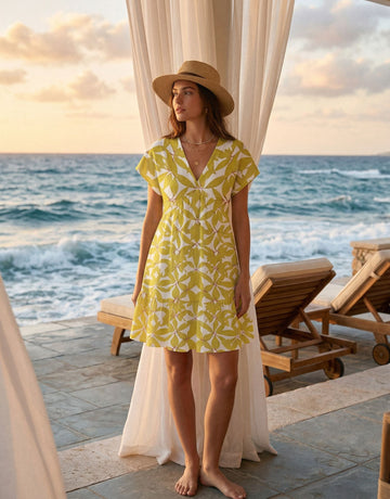 EVA Chartreuse Resort Botanical V Neck Tiered Babydoll Mini Dress