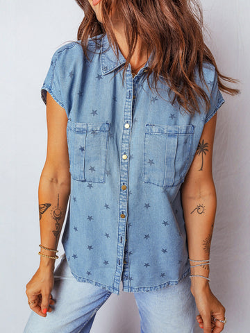 Star Print Button Down Denim Shirt