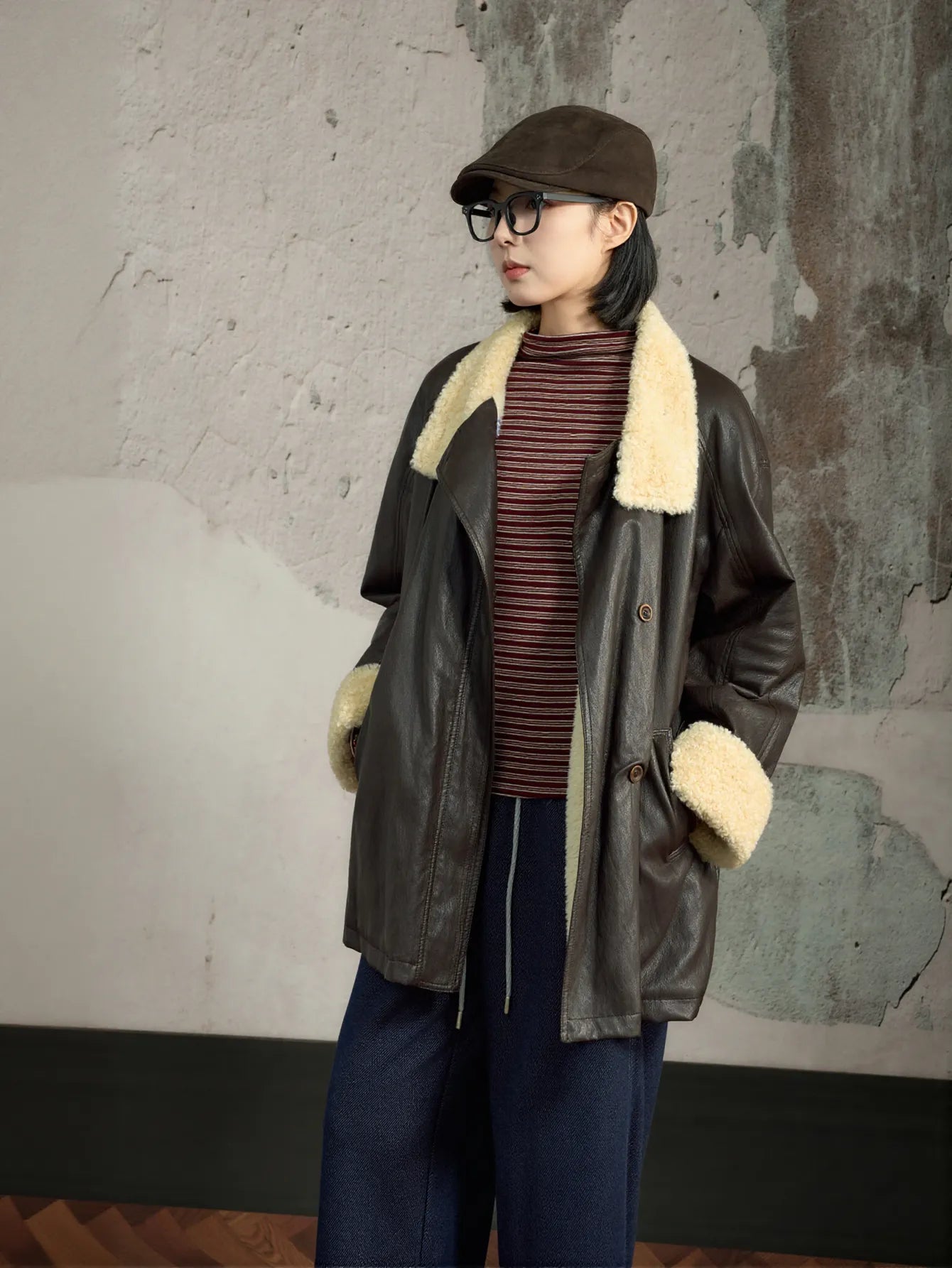 Oversized Faux Shearling Trim Leather Jacket