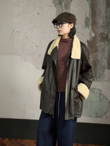 Oversized Faux Shearling Trim Leather Jacket