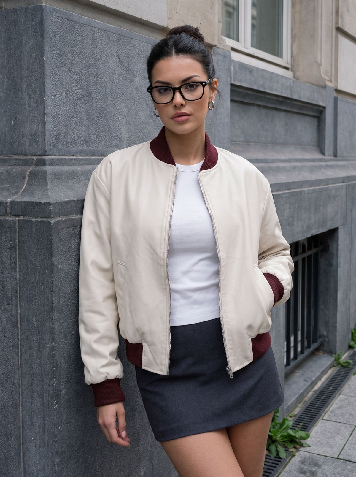 Cream Faux Leather Varsity Bomber Jacket