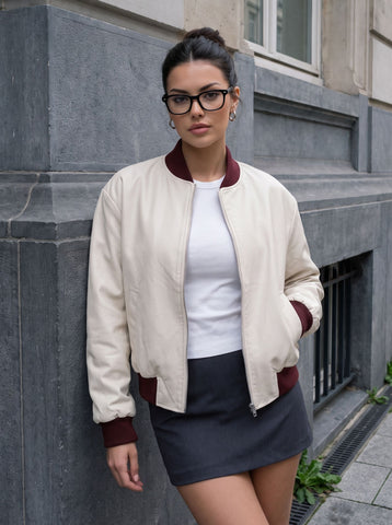 Cream Faux Leather Varsity Bomber Jacket