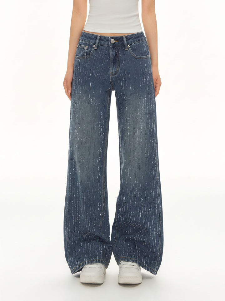 Sparkly Rhinestone High Waisted Wide Leg Jeans