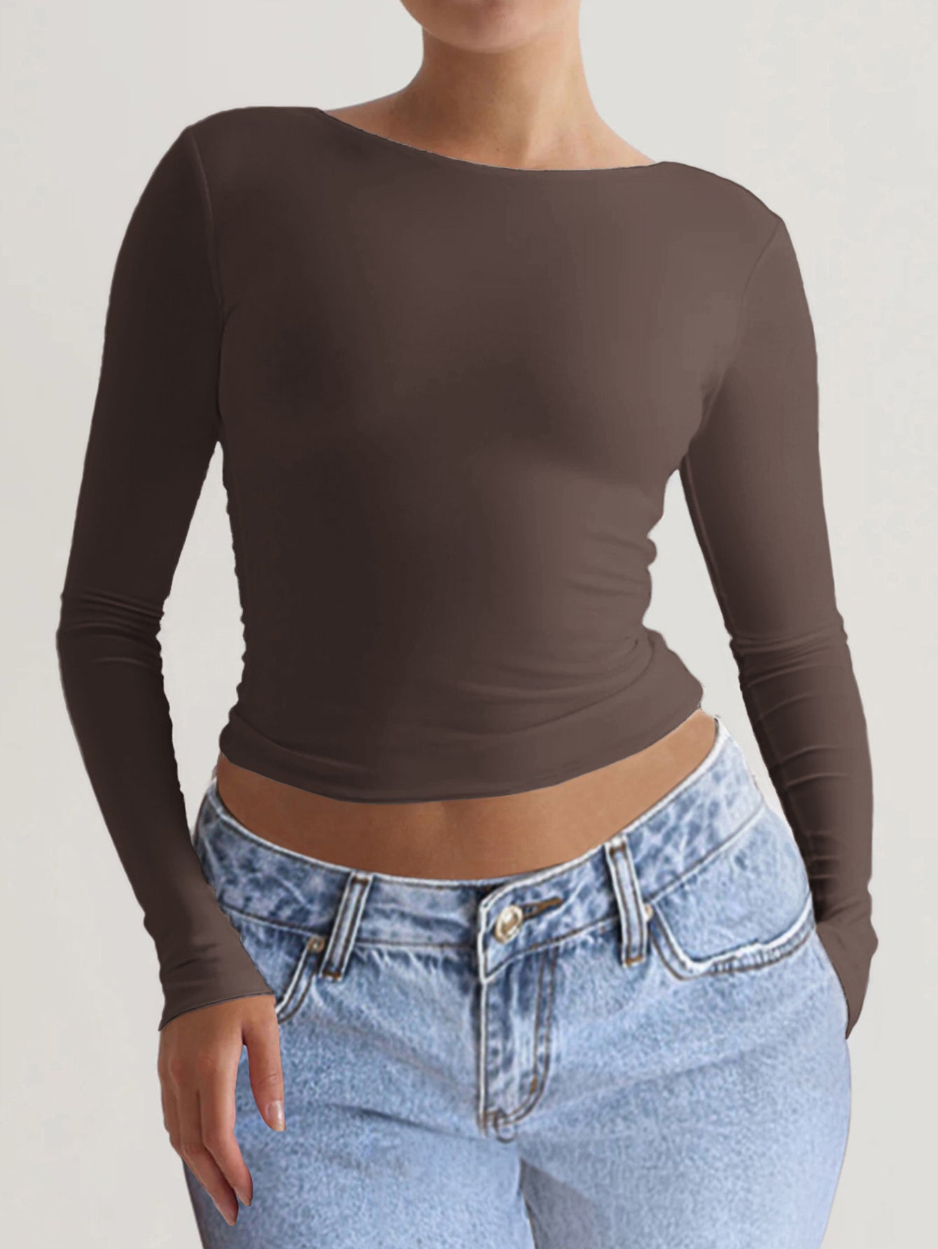 Boat Neck Long Sleeve Plain Fitted Daily T-Shirt -Brown