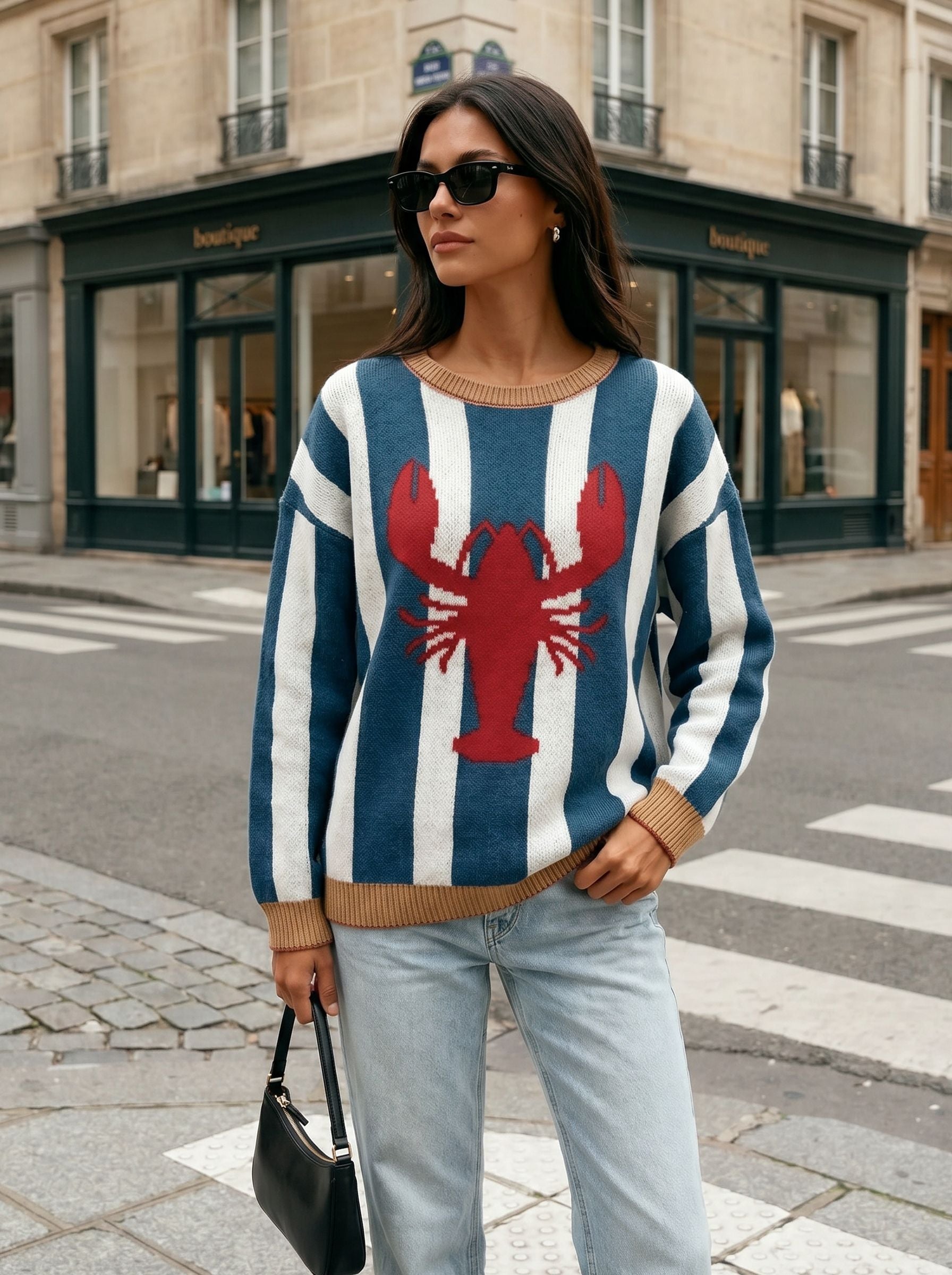 Oversized Striped Lobster Graphic Sweater