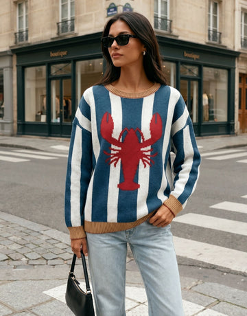 Oversized Striped Lobster Graphic Sweater