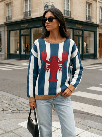 Oversized Striped Lobster Graphic Sweater