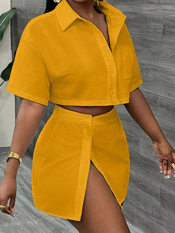 Cropped Shirt High Slit Skirt Set