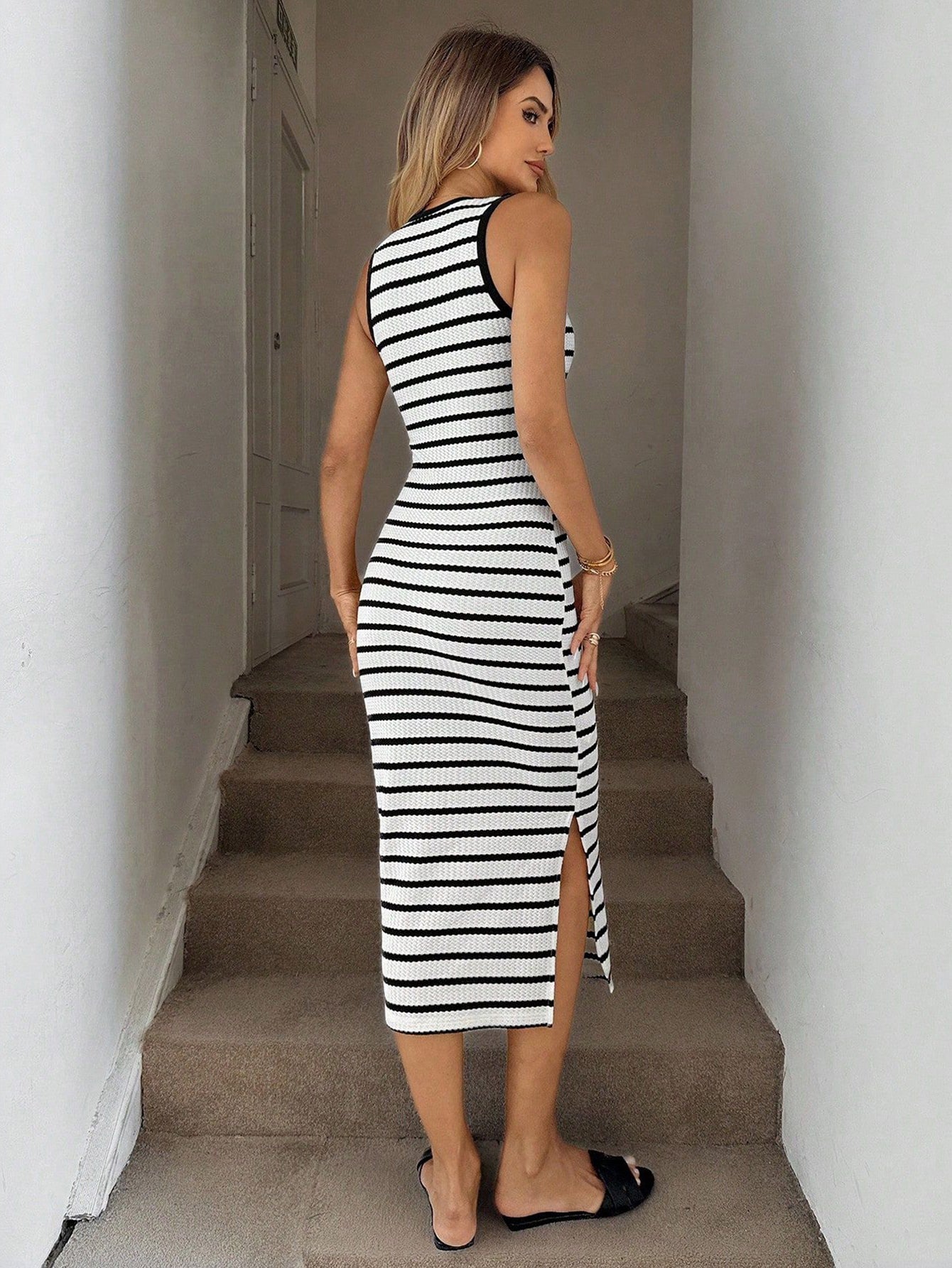 Striped Sleeveless Bodycon Midi Dress