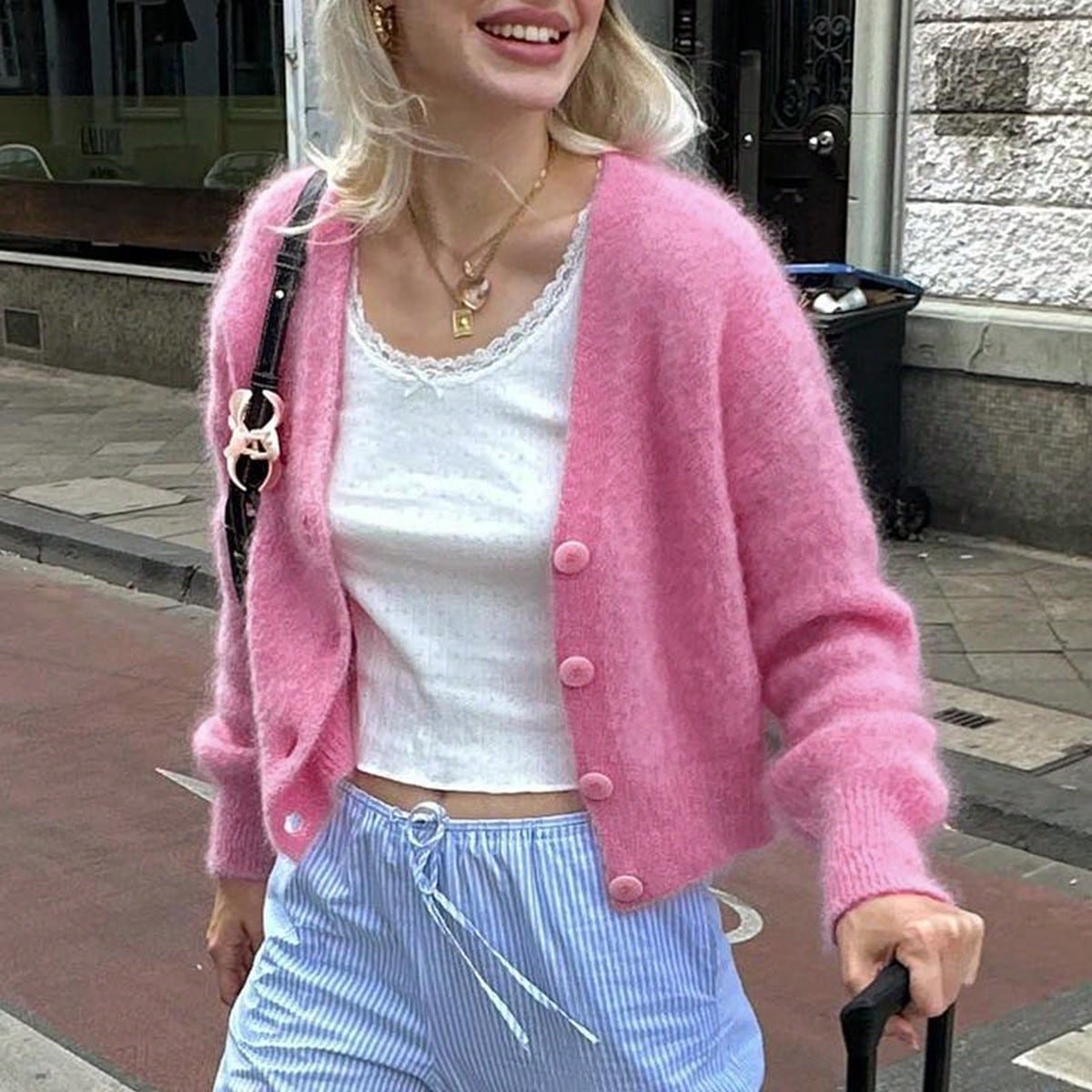 Fuzzy Pink Cropped Button Cardigan