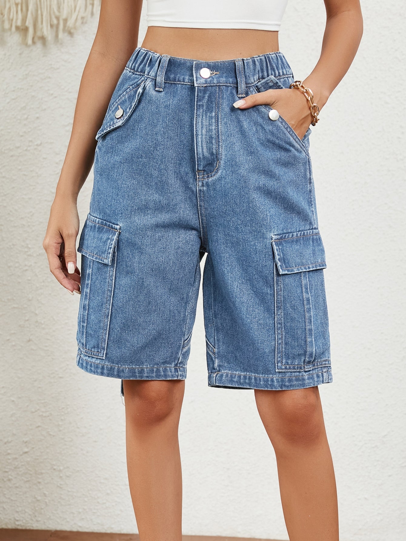 High Waisted Utility Denim Shorts
