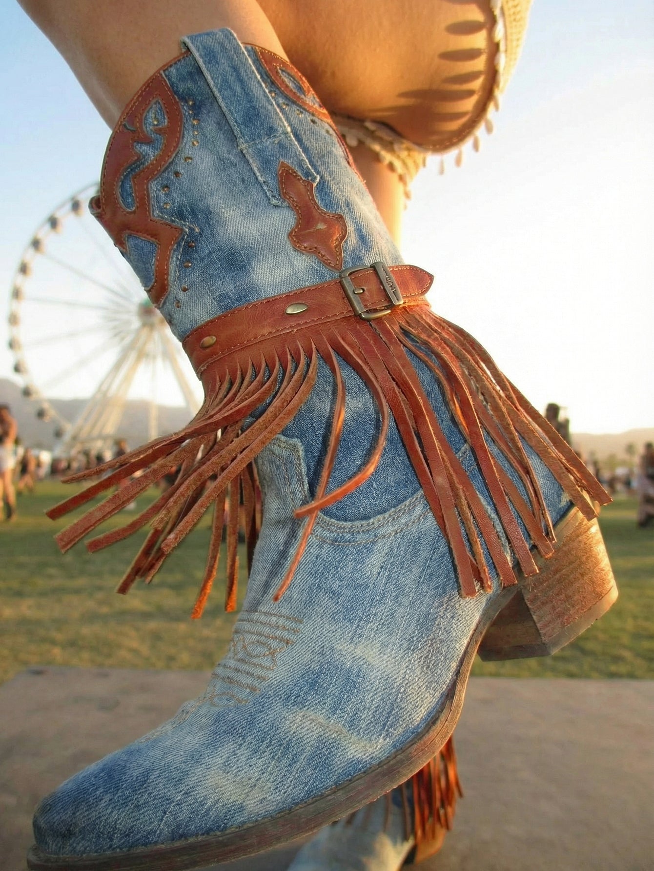 Fringed Denim Pointed Toe Western Cowboy Boots