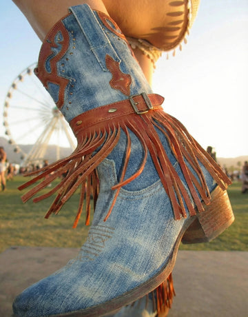 Fringed Denim Pointed Toe Western Cowboy Boots
