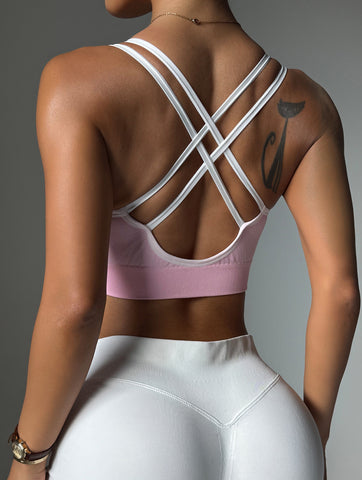 U Neck Double-Strap Contrast-Trim Athletic Sports Bra-Multicolor