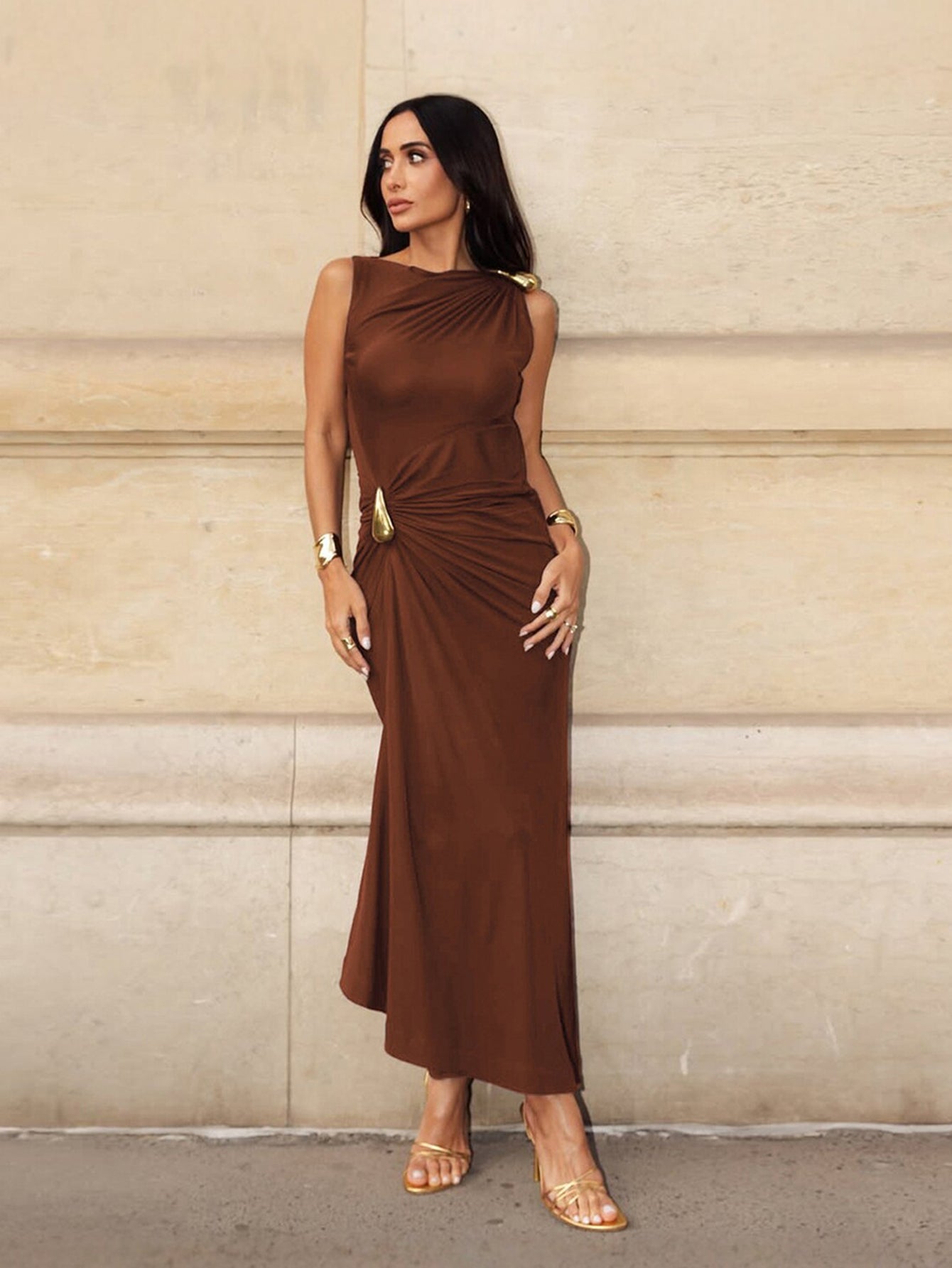 One Shoulder Draped Knot Modern Maxi Dress