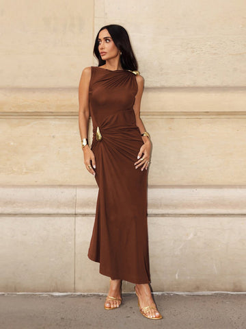 One Shoulder Draped Knot Modern Maxi Dress
