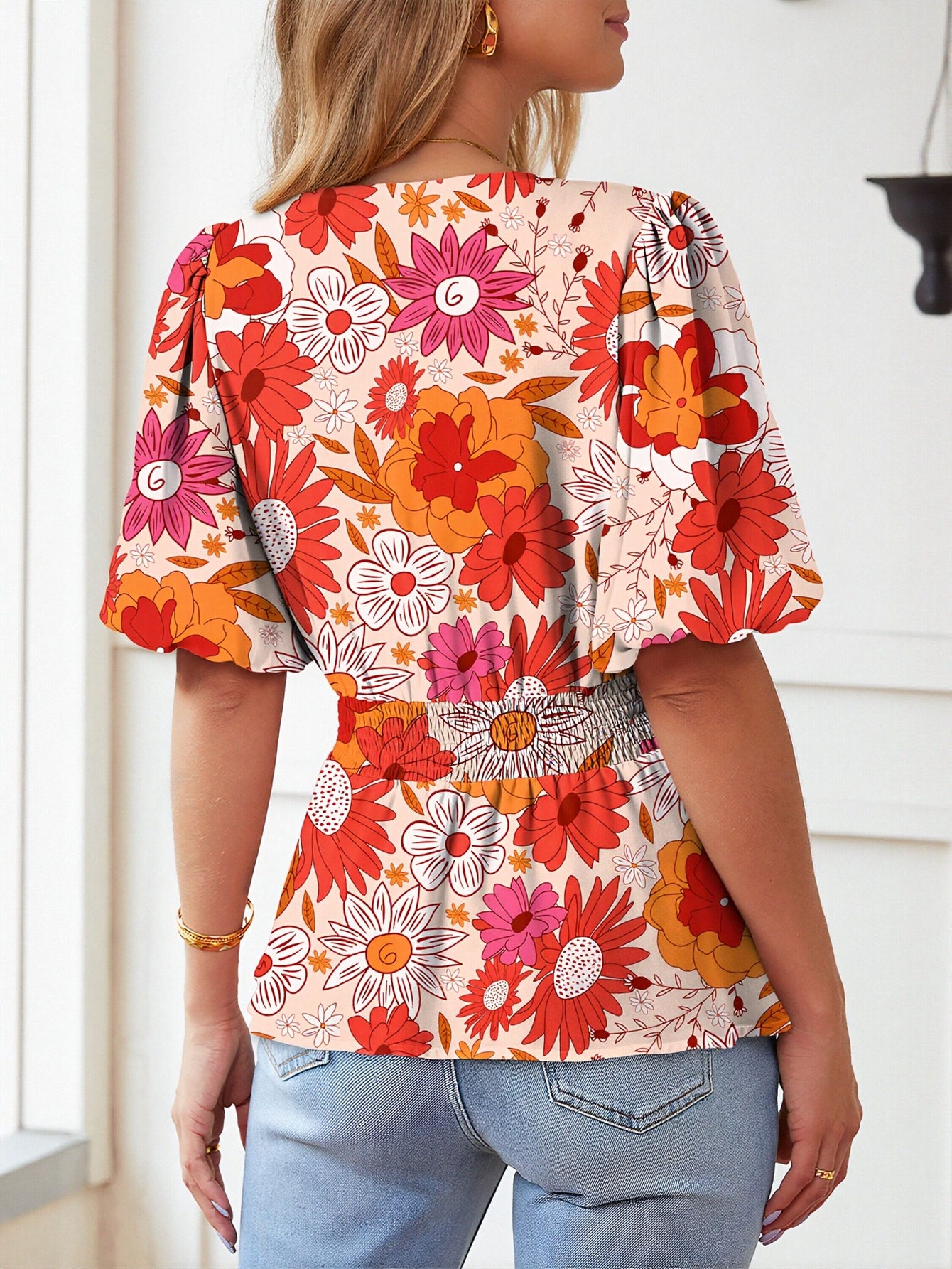 Floral Print Puff Sleeve Chiffon Top