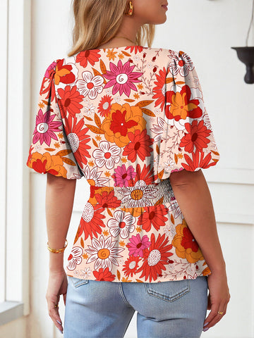 Floral Print Puff Sleeve Chiffon Top
