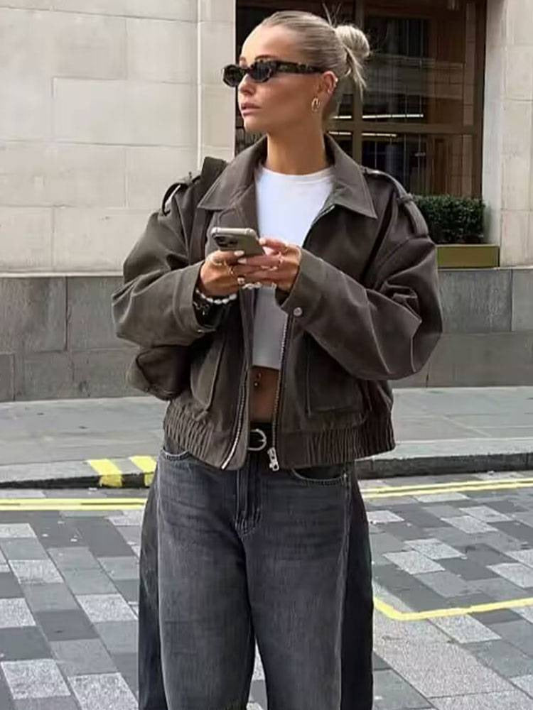 Cropped Suede Utility Bomber Jacket