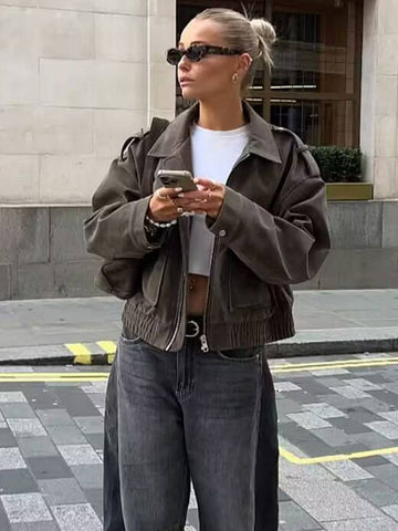 Cropped Suede Utility Bomber Jacket