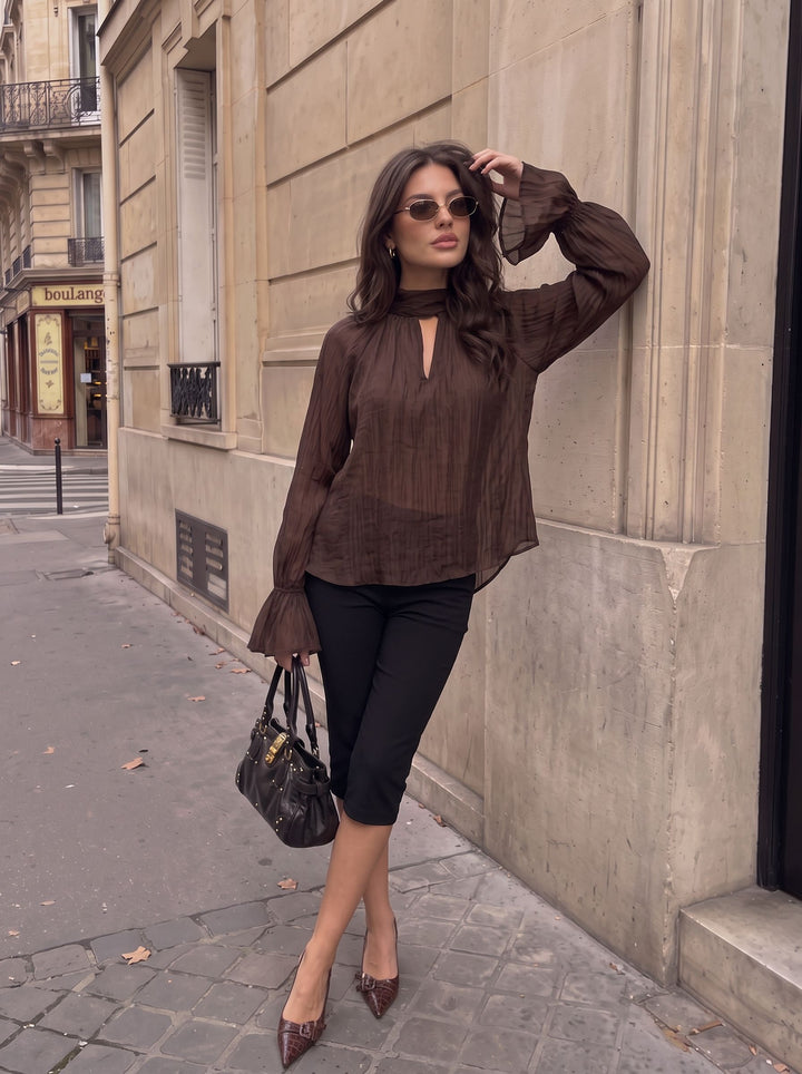 Sheer Ruffle Sleeve Mock Neck Blouse
