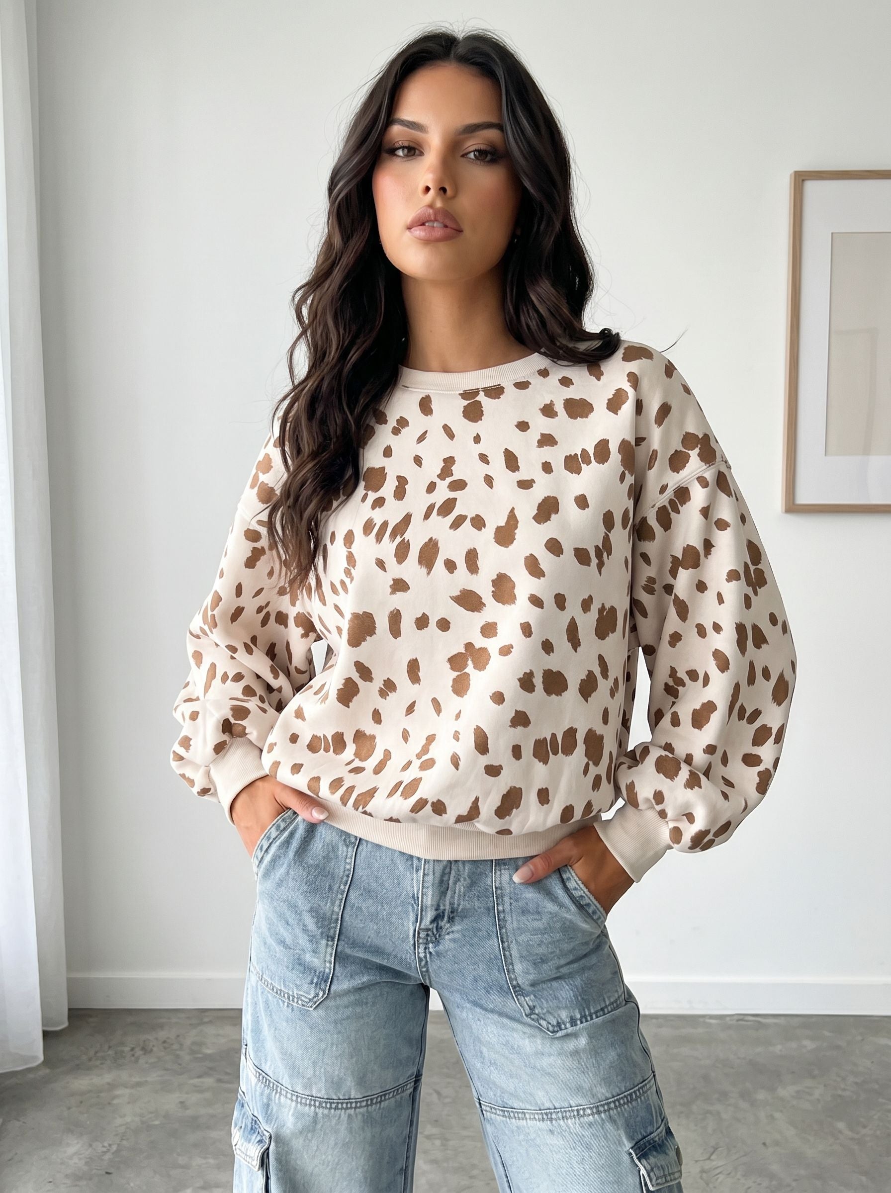 Oversized Spotted Print Balloon Sleeve Sweatshirt