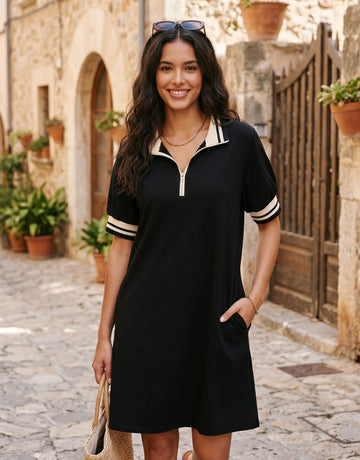 Zip Up Striped Trim Dress