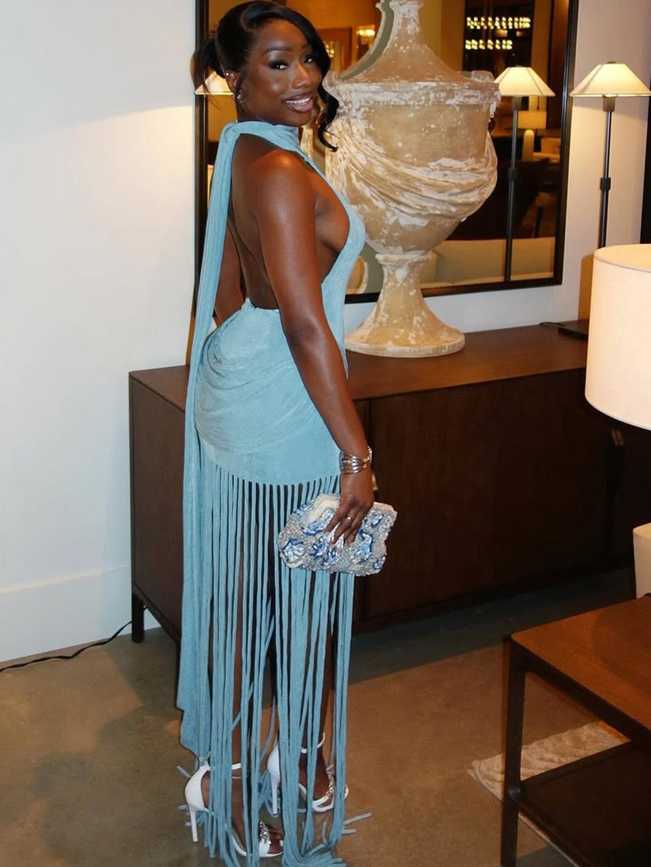 High Neck Fringe Skirt Glamorous Gown