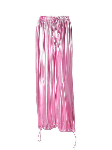 Metallic Satin Drawstring Wide Leg Pants