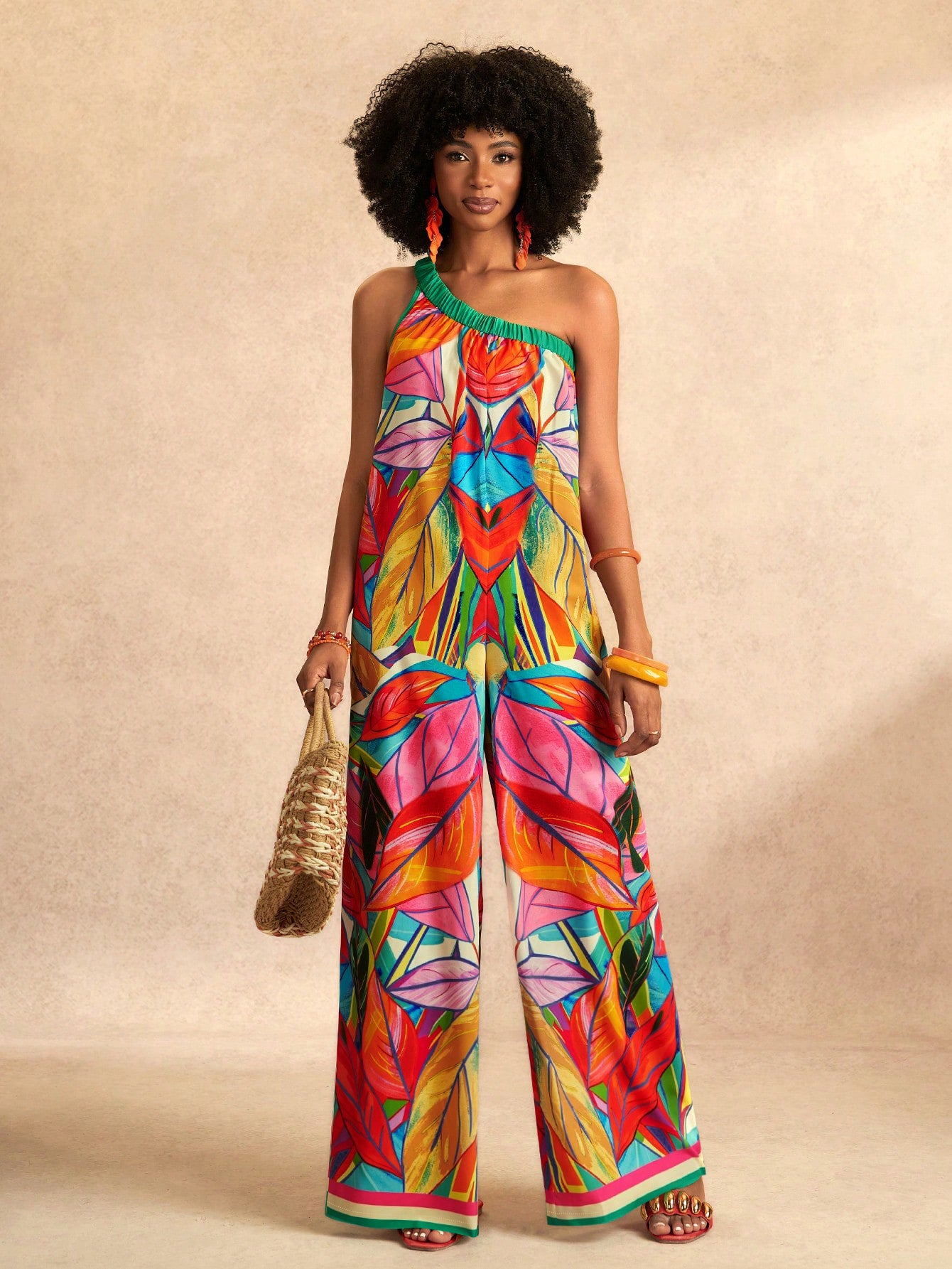 Tropical One Shoulder Wide Leg Jumpsuit