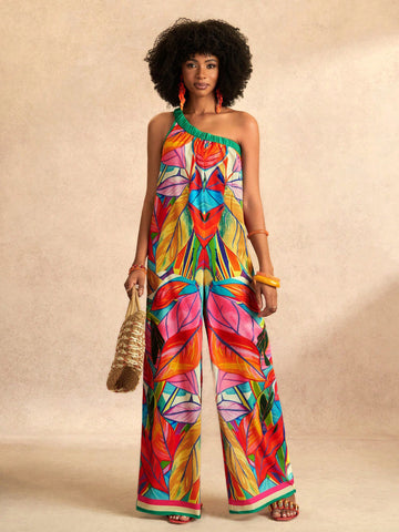 Tropical One Shoulder Wide Leg Jumpsuit