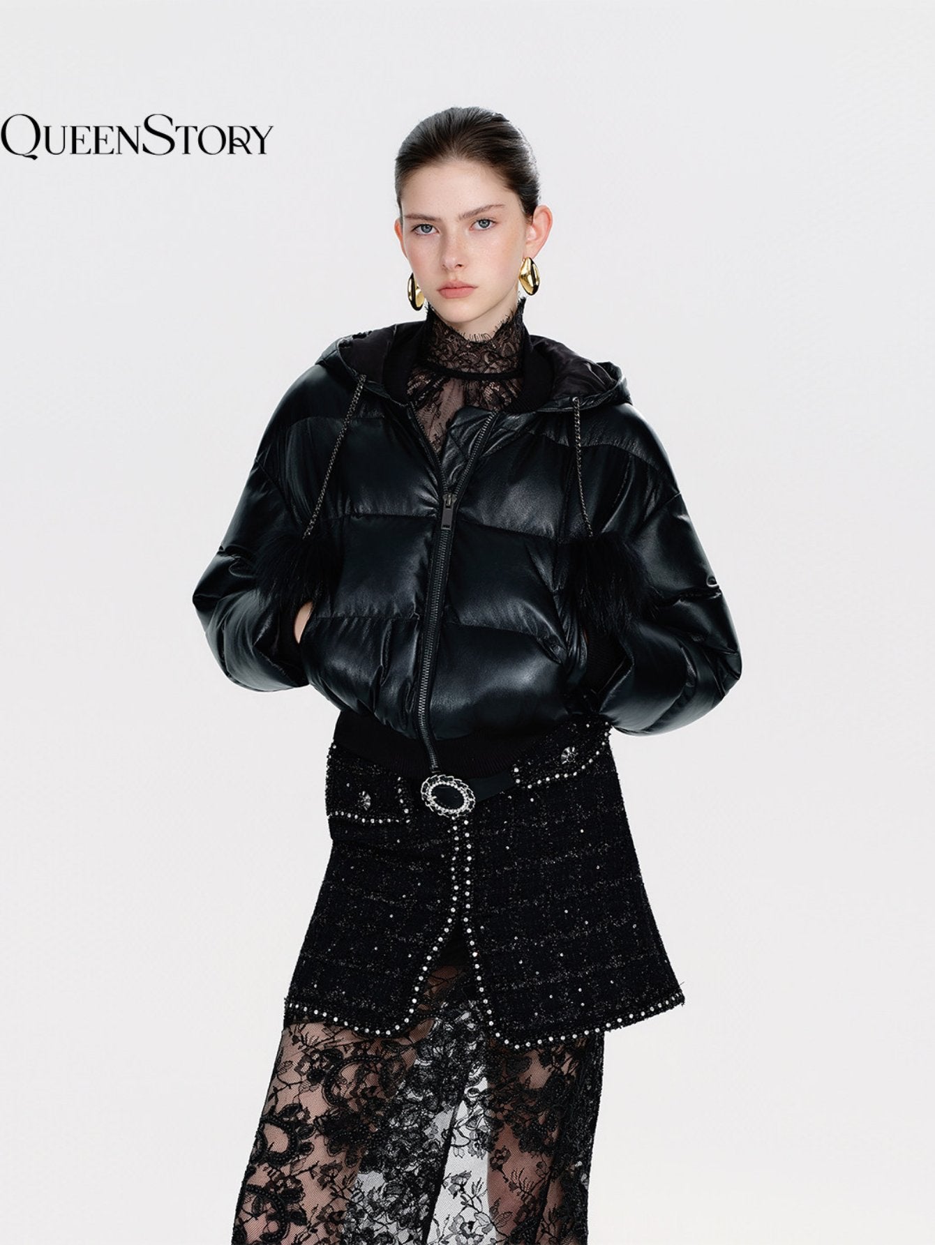 Cropped Faux Leather Puffer Jacket