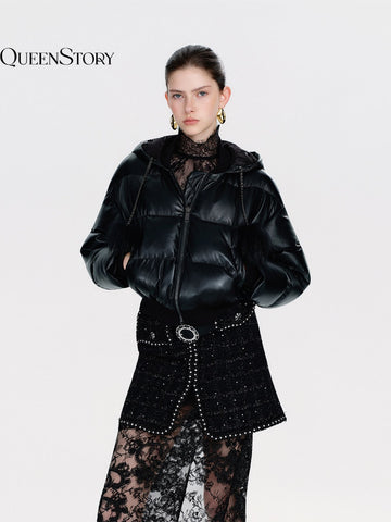 Cropped Faux Leather Puffer Jacket