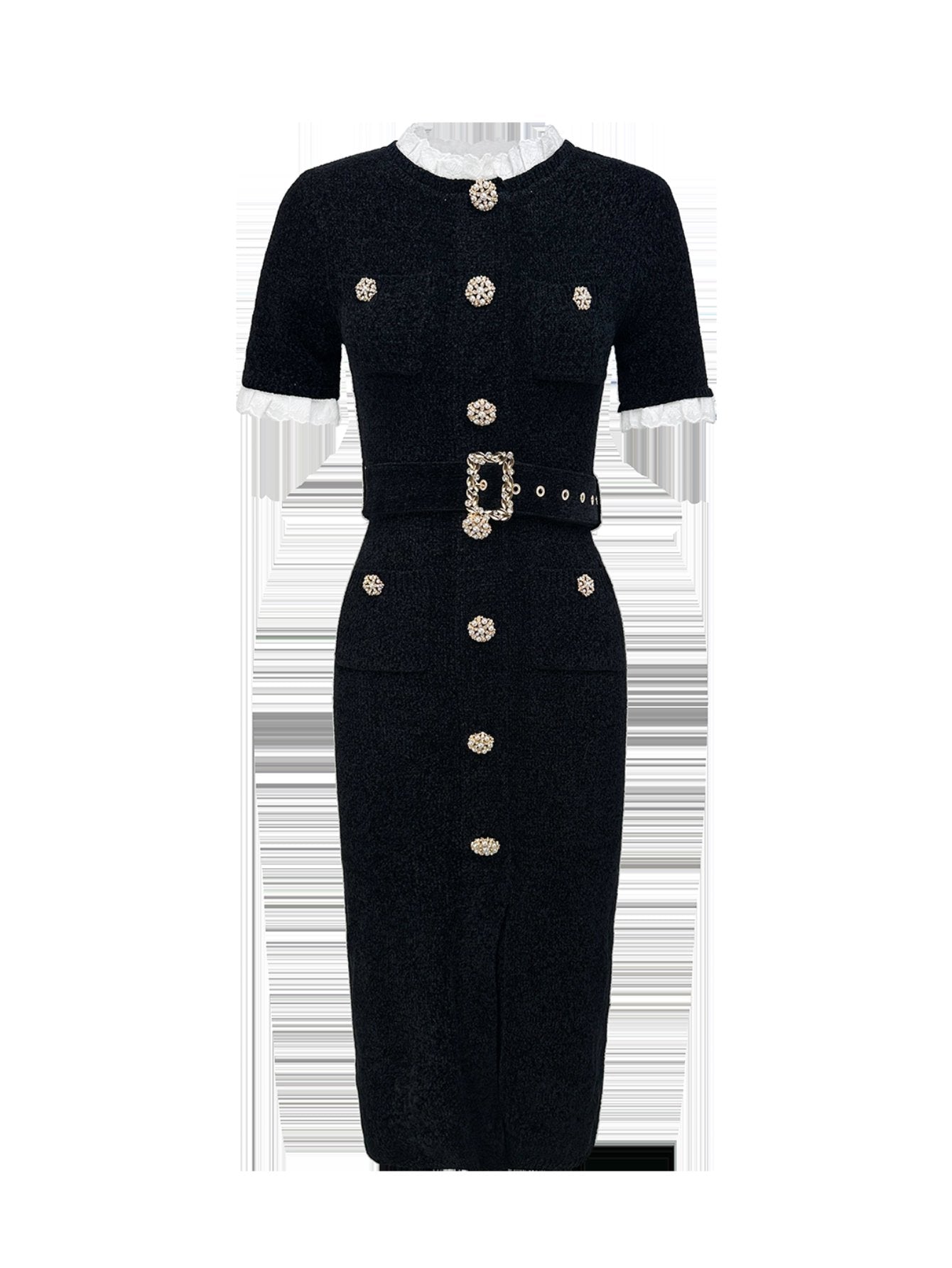 Elegant Tweed Belted Midi Dress
