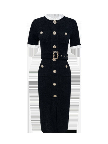 Elegant Tweed Belted Midi Dress