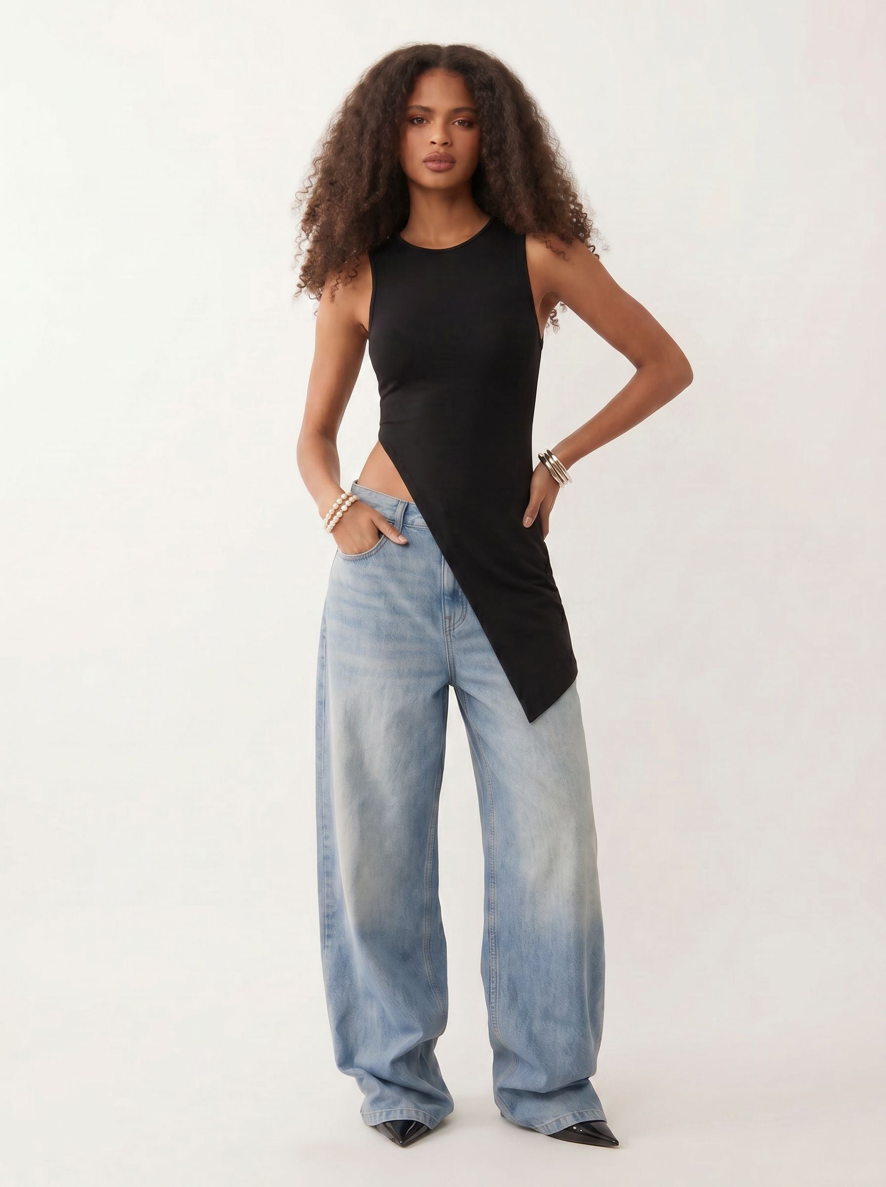 Asymmetric High Slit Sleeveless Tank Top