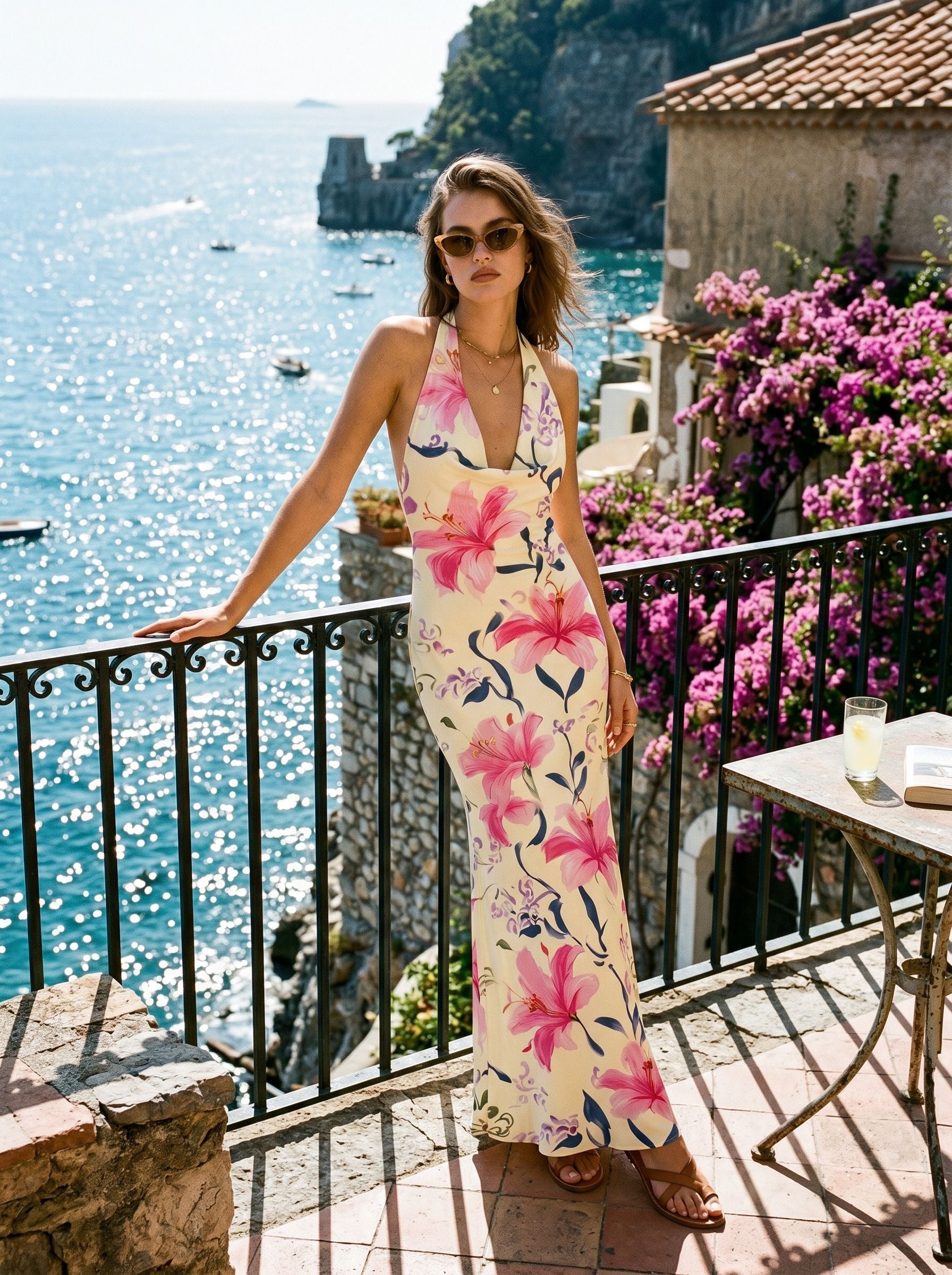LILA Floral Print Cowl Neck Bodycon Midi Dress