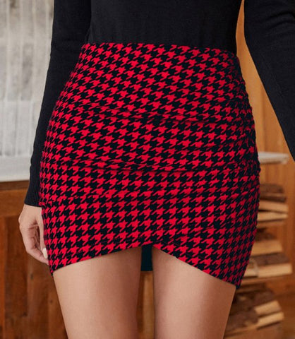 Ruched Houndstooth High Waist Mini Skirt