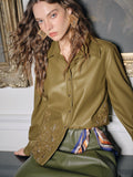 Embroidered Faux Leather Button Down Shirt