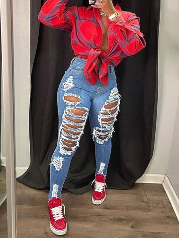 Distressed Ripped Skinny Street Jeans-Multicolor