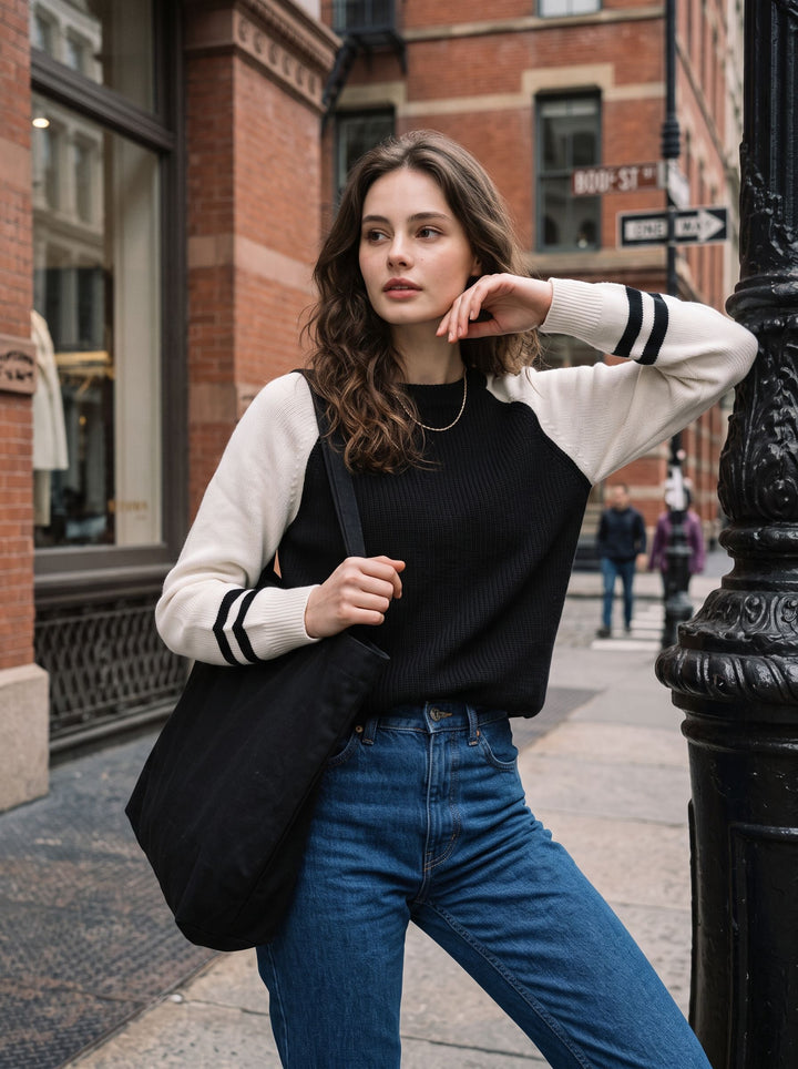 Colorblock Striped Sleeve Crewneck Sweater