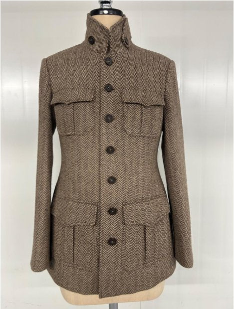 Tailored Herringbone Stand Collar Utility Jacket