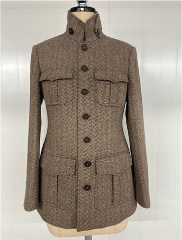 Tailored Herringbone Stand Collar Utility Jacket