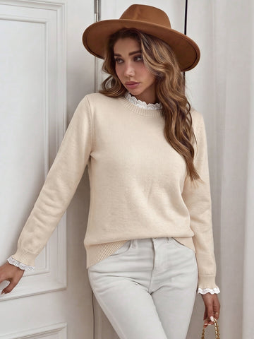 Lace Trim Crewneck Pullover Sweater