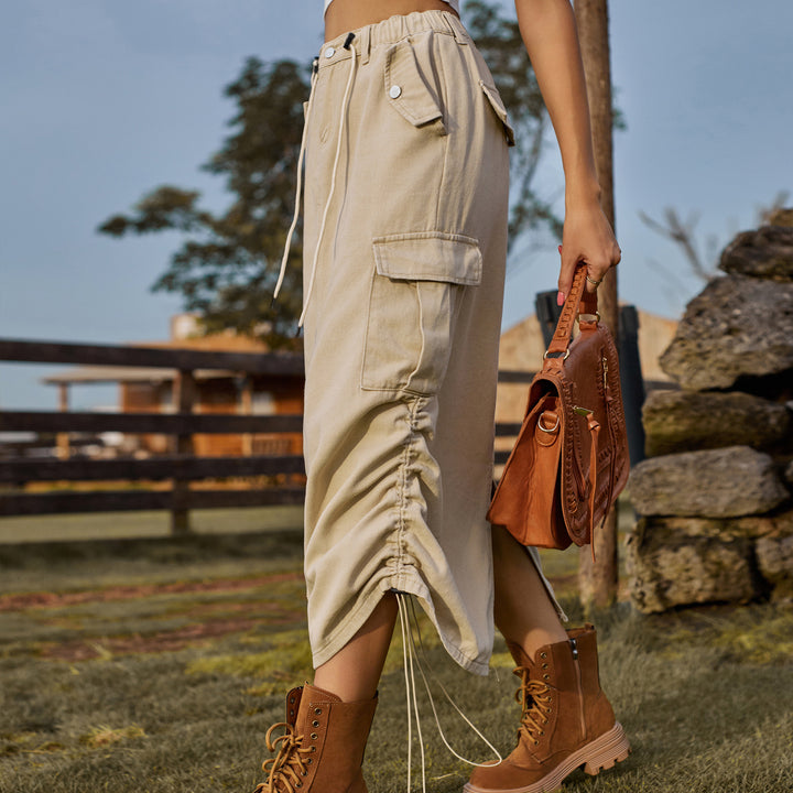 High Waisted Drawstring Denim Midi Skirt