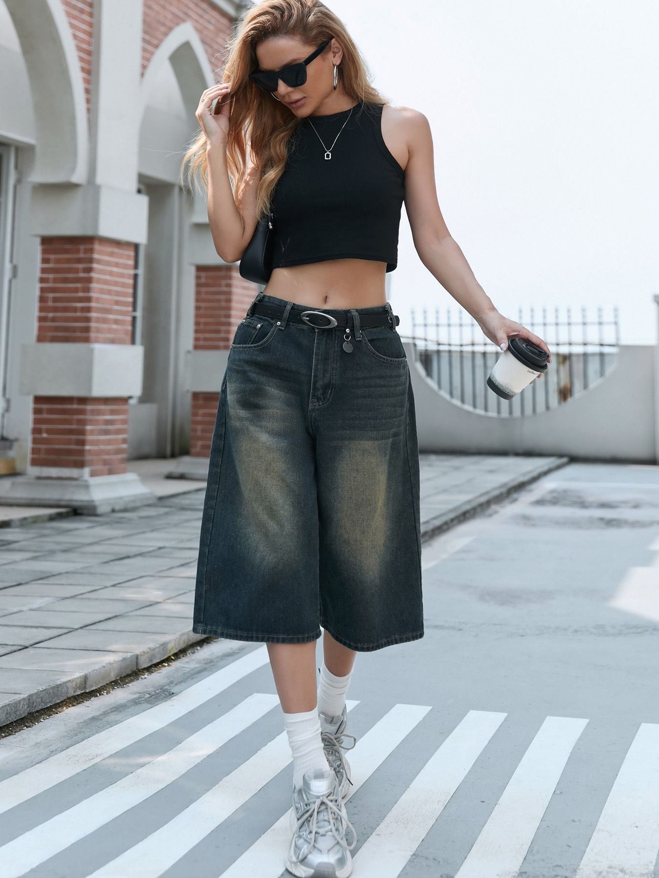 Vintage Wash Wide Leg Denim Shorts