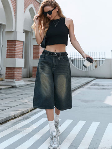 Vintage Wash Wide Leg Denim Shorts